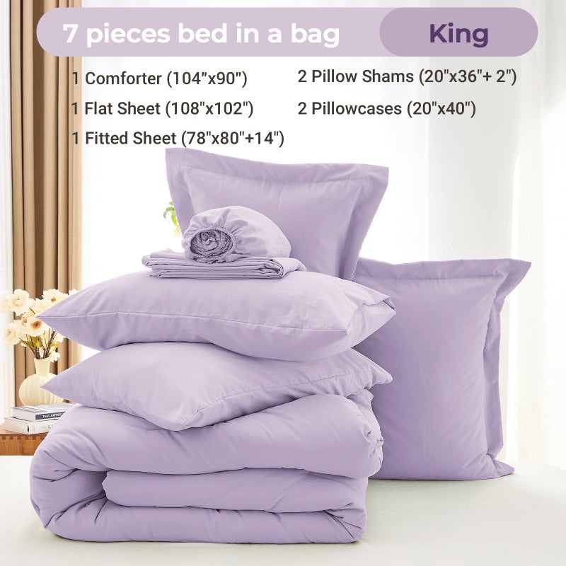 MUXHOMO 7 Pieces King Comforter Set, Soft Bed in a Bag King Size, All Season Bedding Set with Comforter, Flat Sheet, Fitted Sheet, Pillowcases & Shams, Lavender - Image 4