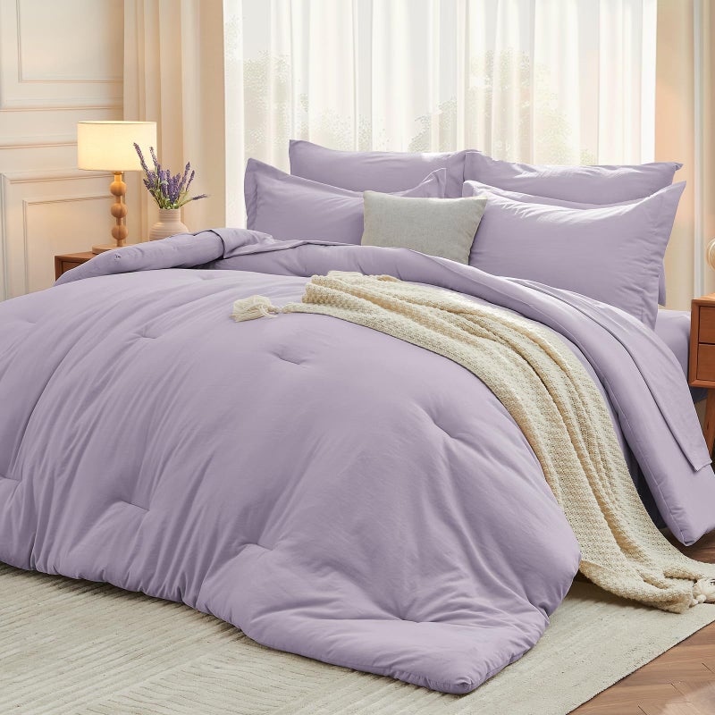 MUXHOMO 7 Pieces King Comforter Set, Soft Bed in a Bag King Size, All Season Bedding Set with Comforter, Flat Sheet, Fitted Sheet, Pillowcases & Shams, Lavender - Image 1