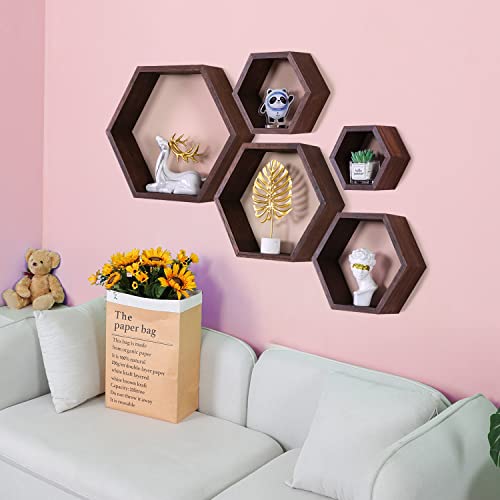 PHOENANCEE Hexagon Floating Shelves,Wall Mounted Wood Farmhouse Storage Honeycomb Wall Shelf Set of 5,for Bathroom, Kitchen, Bedroom, Living Room,Office,Driftwood Finish (Walnut) - Image 3