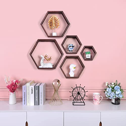 PHOENANCEE Hexagon Floating Shelves,Wall Mounted Wood Farmhouse Storage Honeycomb Wall Shelf Set of 5,for Bathroom, Kitchen, Bedroom, Living Room,Office,Driftwood Finish (Walnut) - Image 2