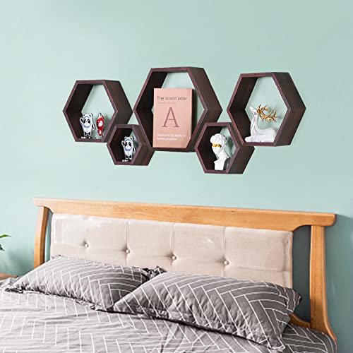 PHOENANCEE Hexagon Floating Shelves,Wall Mounted Wood Farmhouse Storage Honeycomb Wall Shelf Set of 5,for Bathroom, Kitchen, Bedroom, Living Room,Office,Driftwood Finish (Walnut) - Image 4