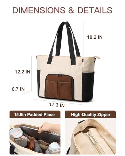TOVICE Tote Bag with Stanley Cup holder & Laptop Compartment, Work Bag for Women With Zipper & 2 Cup Compartments Inside for Travel, Nurse, Camping, 27L, 15.6" Laptop - Image 5