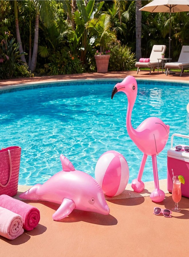 Realspring 36pcs Inflatable Pink Party Favors Set-Pink Flamingo & Dolphin, White and Pink Inflatable Beach Ball Beach Pool Float Toys for Tropical Hawaiian Luau Summer Pool Party Backdrop Decorations - Image 2