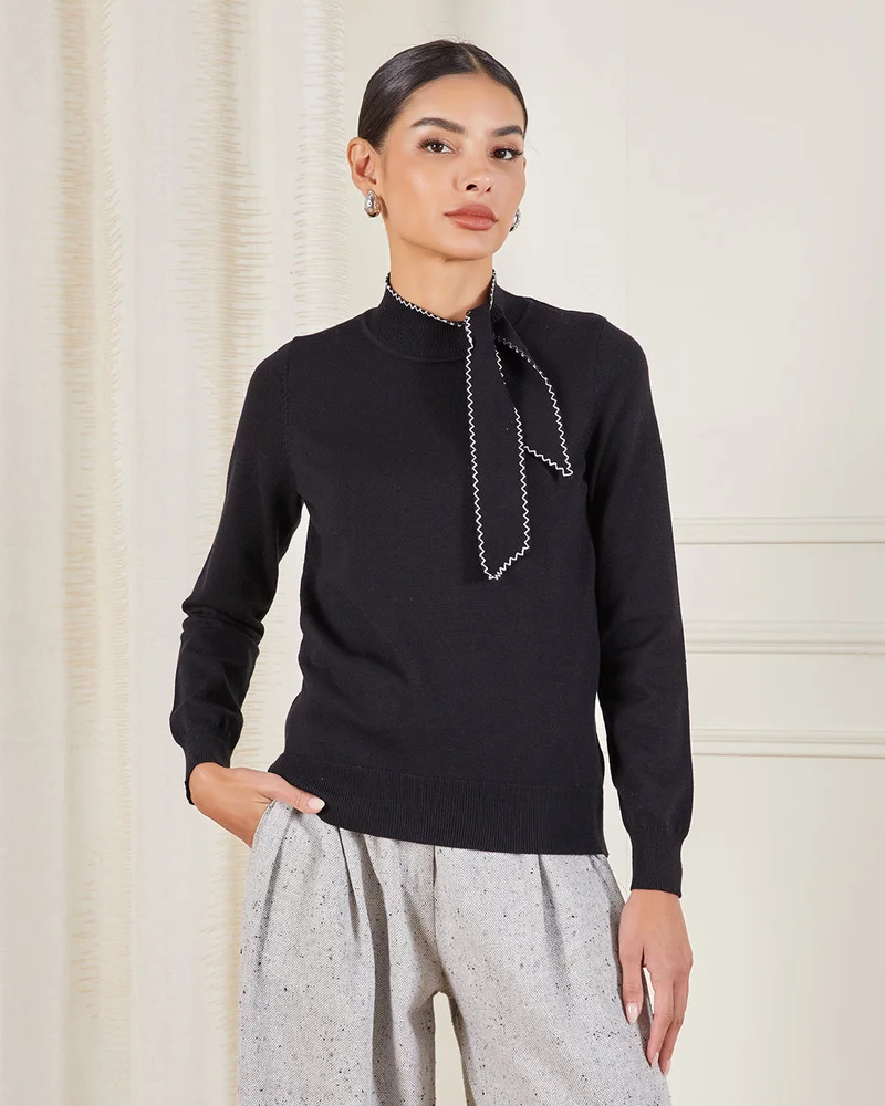 REDTAG Women Black Bow Tie Neck Pullover