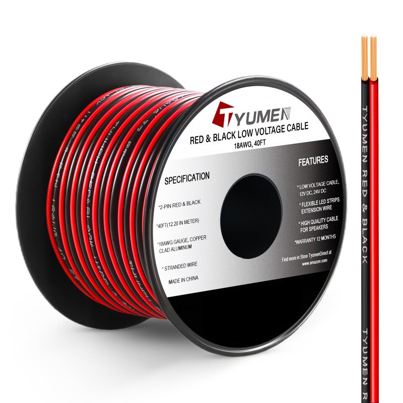 TYUMEN 40FT 18 Gauge 2pin 2 Color Red Black Cable Hookup Electrical Wire LED Strips Extension Cord 12V24V DC Cable 18AWG Flexible Wire Extension Cords for LED Ribbon Lamp Tape Lighting