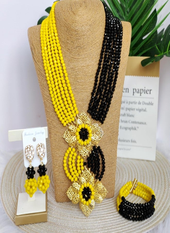 أكزوف طقم مجوهرات زفاف من الخرز الأفريقي والنيجيري للنساء من aczuv (أصفر وأسود معتم) - Image 3