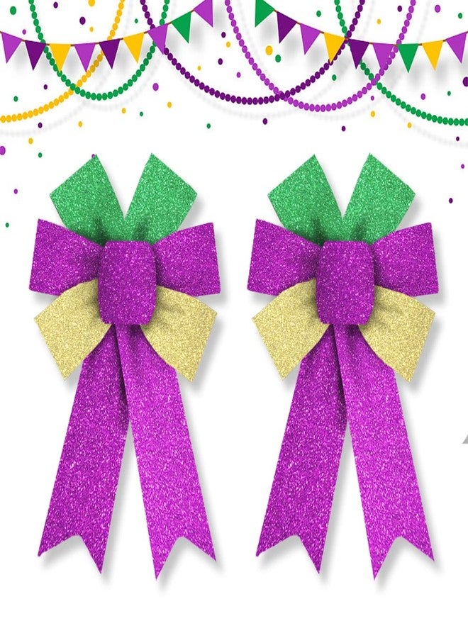 Hying 2 Pieces Mardi Gras Bows for Wreath, Fat Tuesday Wreath Bows Glitter Green Purple Gold Bows New Orleans Holiday Craft Bows for Front Door Carnival Masquerade Cosplay Party Decor Supplies - Image 1