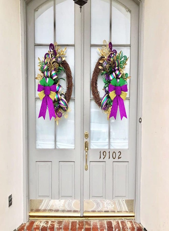 Hying 2 Pieces Mardi Gras Bows for Wreath, Fat Tuesday Wreath Bows Glitter Green Purple Gold Bows New Orleans Holiday Craft Bows for Front Door Carnival Masquerade Cosplay Party Decor Supplies - Image 5