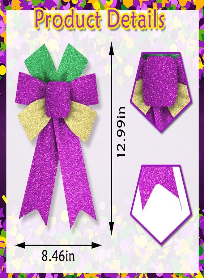 Hying 2 Pieces Mardi Gras Bows for Wreath, Fat Tuesday Wreath Bows Glitter Green Purple Gold Bows New Orleans Holiday Craft Bows for Front Door Carnival Masquerade Cosplay Party Decor Supplies - Image 2