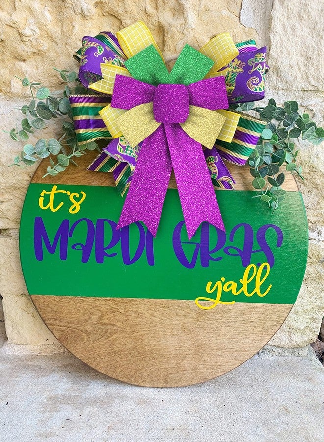 Hying 2 Pieces Mardi Gras Bows for Wreath, Fat Tuesday Wreath Bows Glitter Green Purple Gold Bows New Orleans Holiday Craft Bows for Front Door Carnival Masquerade Cosplay Party Decor Supplies - Image 3