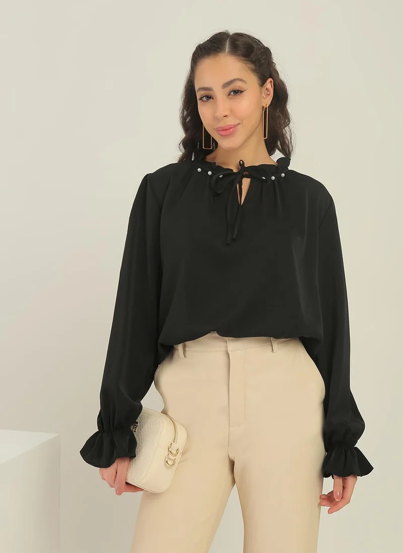 جلو باص Globus Women Black Pearl Detail Frilled Tie-Up Neck Bishop Sleeves Workwear Top