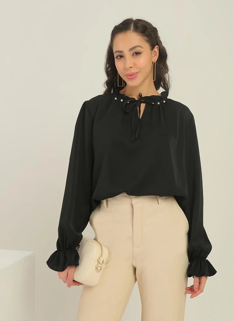 globus Globus Women Black Pearl Detail Frilled Tie-Up Neck Bishop Sleeves Workwear Top