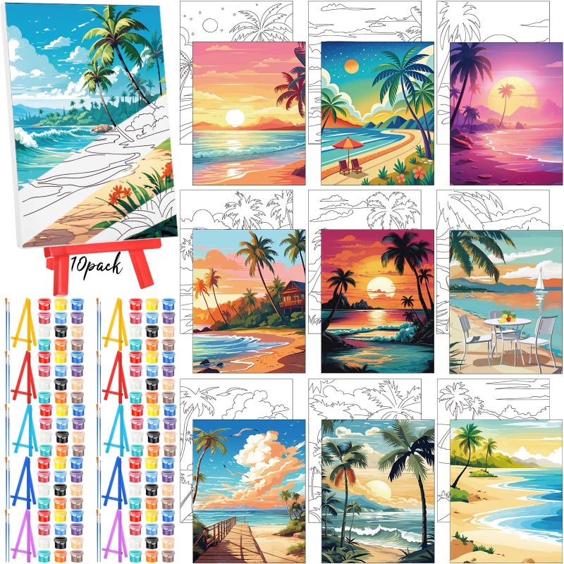 Blosssound 10 Set Pre Printed Canvas Pre Drawn Canvas Painting with Easel Kits 5 x 7 Outline Painting Panels for Beginners DIY Craft Project Party Favor Home DecorsHawaii