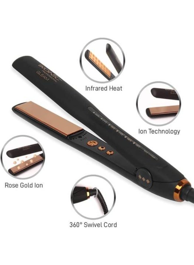 IKONIC Professional Gleam Hair Straightener, 1" Rose Gold Plates, Infrared Heat, Black - Image 2