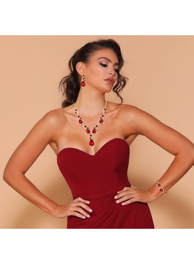 BriLove Wedding Bridal Jewelry For Women Multi Teardrop Cluster Crystal Statement Necklace Dangle Earrings Link Bracelet Set Ruby Color Gold-Tone - Image 4