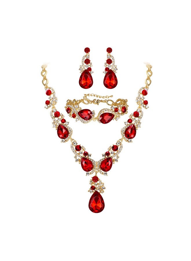 BriLove Wedding Bridal Jewelry For Women Multi Teardrop Cluster Crystal Statement Necklace Dangle Earrings Link Bracelet Set Ruby Color Gold-Tone - Image 1