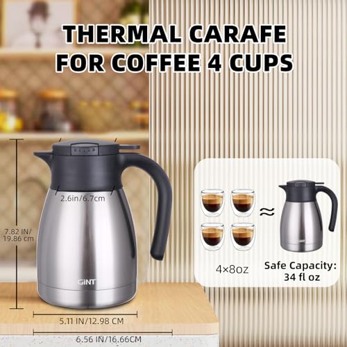 GiNT 34Oz Thermal Coffee Carafe, Insulated Stainless Steel Coffee Carafes for Keeping Hot/Double Walled Vacuum Coffee Carafe (Silver, 1L) - Image 4