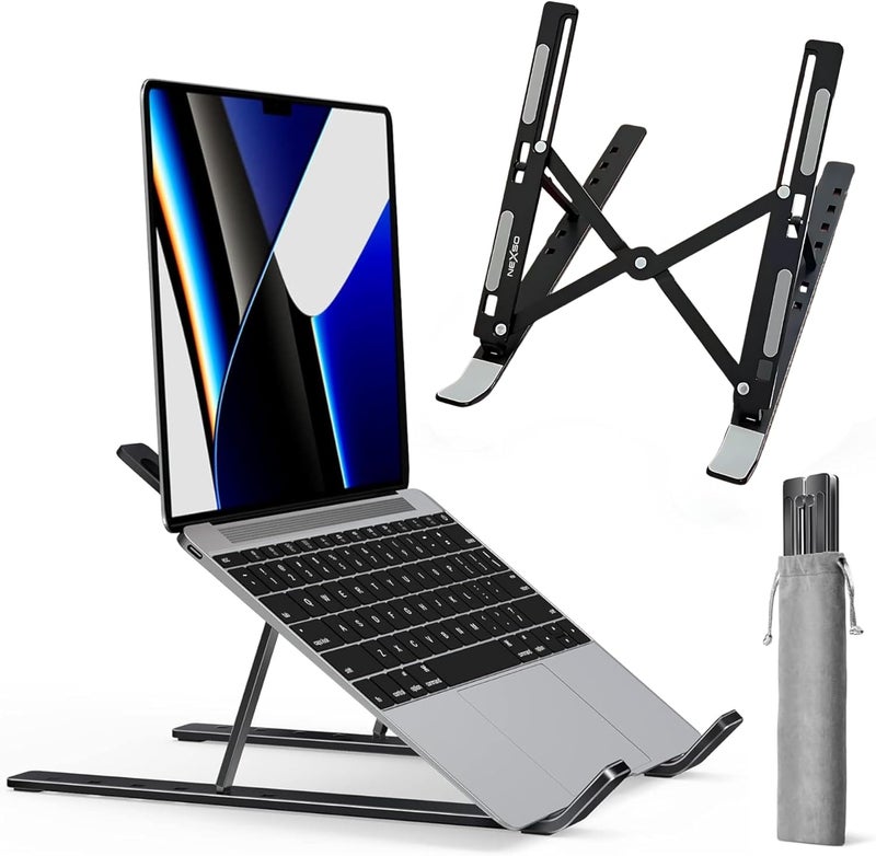 Nexso Adjustable Black Aluminium Laptop Stand for Desk | Foldable Ergonomic Riser for Laptops, Tablets, 7-Angle Portable Non-Slip Design with Cooling, Carry Case, Travel Pouch & Wide Compatibility - Image 1
