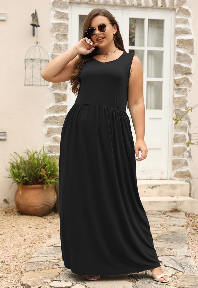 Nemidor Plus Size Maxi Dress for Curvy Women Summer Loose Casual Sleeveless with Pocket Long Dresses 14-26(239,22,Black+Sleeveless) - Image 5
