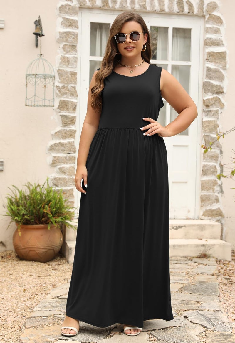 Nemidor Plus Size Maxi Dress for Curvy Women Summer Loose Casual Sleeveless with Pocket Long Dresses 14-26(239,22,Black+Sleeveless) - Image 4