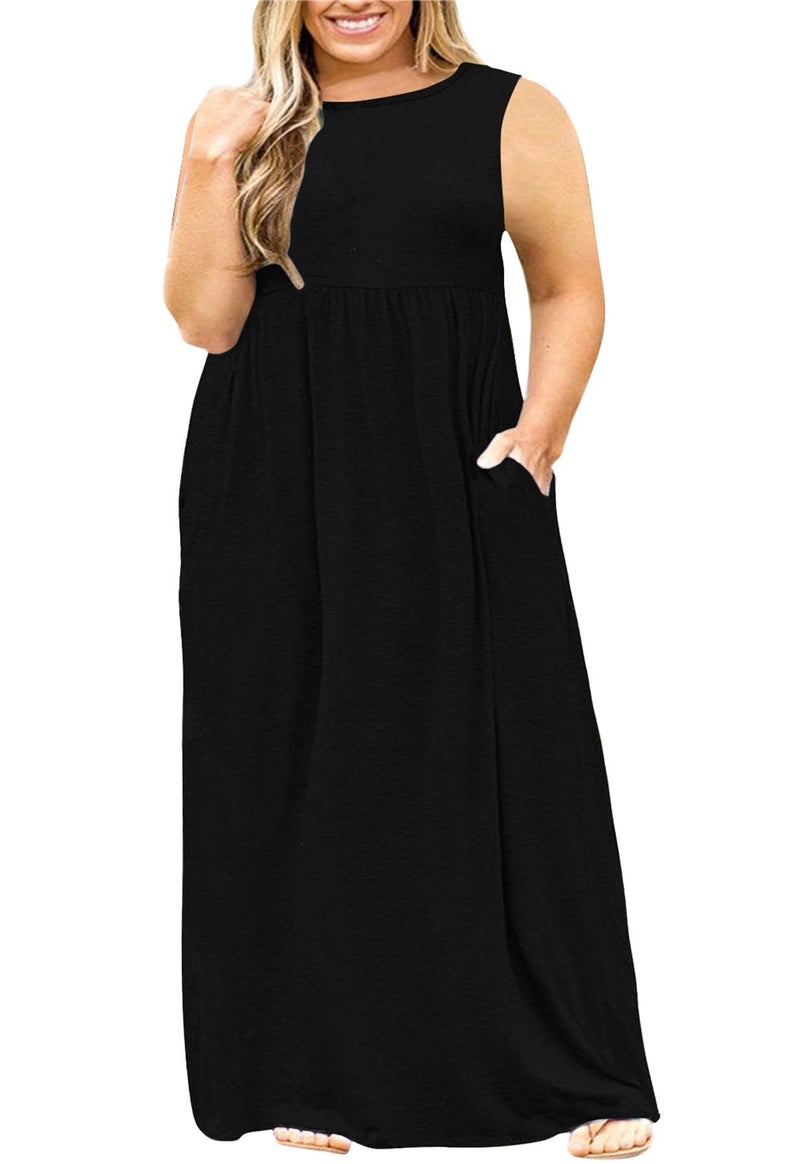 Nemidor Plus Size Maxi Dress for Curvy Women Summer Loose Casual Sleeveless with Pocket Long Dresses 14-26(239,22,Black+Sleeveless) - Image 1