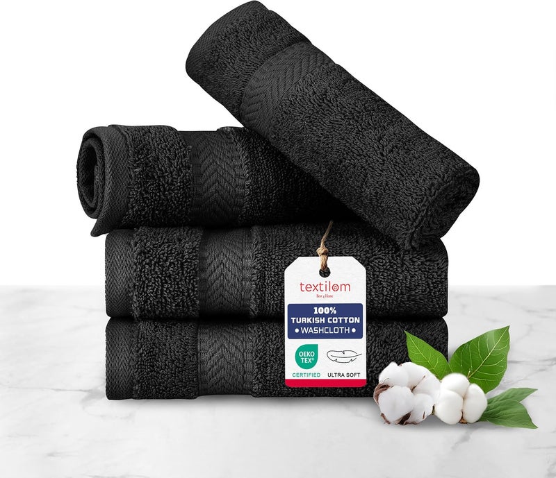TEXTILOM 100% Turkish Cotton 4 Piece Luxury Washcloth Towel Set for Bathroom & Kitchen, Thick & Super Soft & Highly Absorbent & Quick Dry for Face and Hand- Black - Image 1