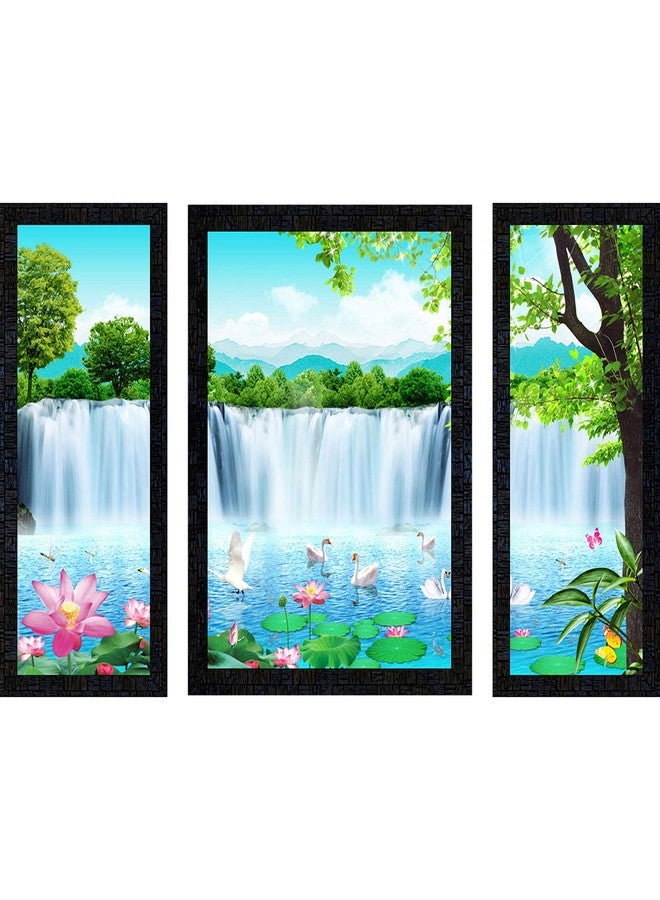 PNF Vastu Waterfall Landscape Scenery UV Textured Synthetic Framed Painting (22x14inch, Medium, Multicolour, Set of 3) - Image 1
