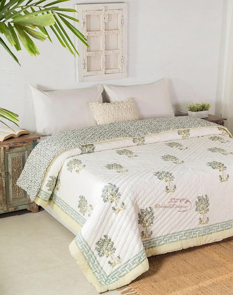 FEELRAX FEELRAX Jaipuri Razai Traditional Hand Stitched Hand Block Print Blue Hiran Print Queen Size Blanket Reversible Quilt Bedding Quilt Breathable Summer and Winter Home Decor Double Bed 90X108 INCH  - Image 1