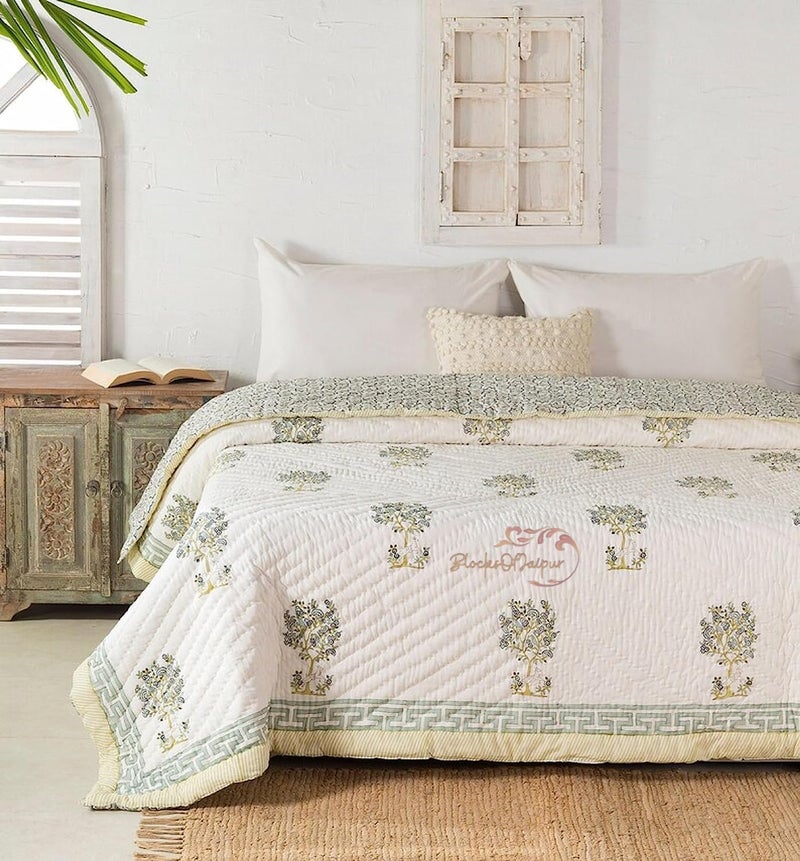 FEELRAX FEELRAX Jaipuri Razai Traditional Hand Stitched Hand Block Print Blue Hiran Print Queen Size Blanket Reversible Quilt Bedding Quilt Breathable Summer and Winter Home Decor Double Bed 90X108 INCH  - Image 2