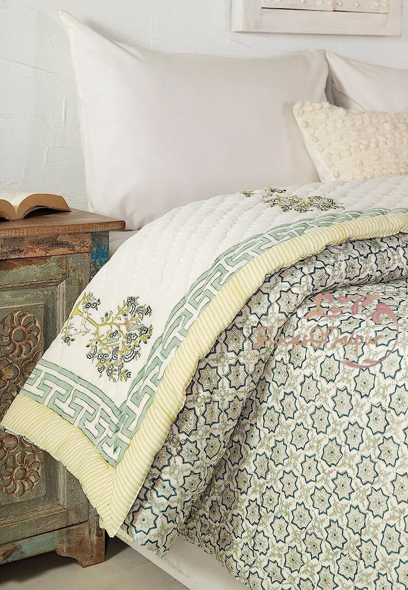 FEELRAX FEELRAX Jaipuri Razai Traditional Hand Stitched Hand Block Print Blue Hiran Print Queen Size Blanket Reversible Quilt Bedding Quilt Breathable Summer and Winter Home Decor Double Bed 90X108 INCH  - Image 4