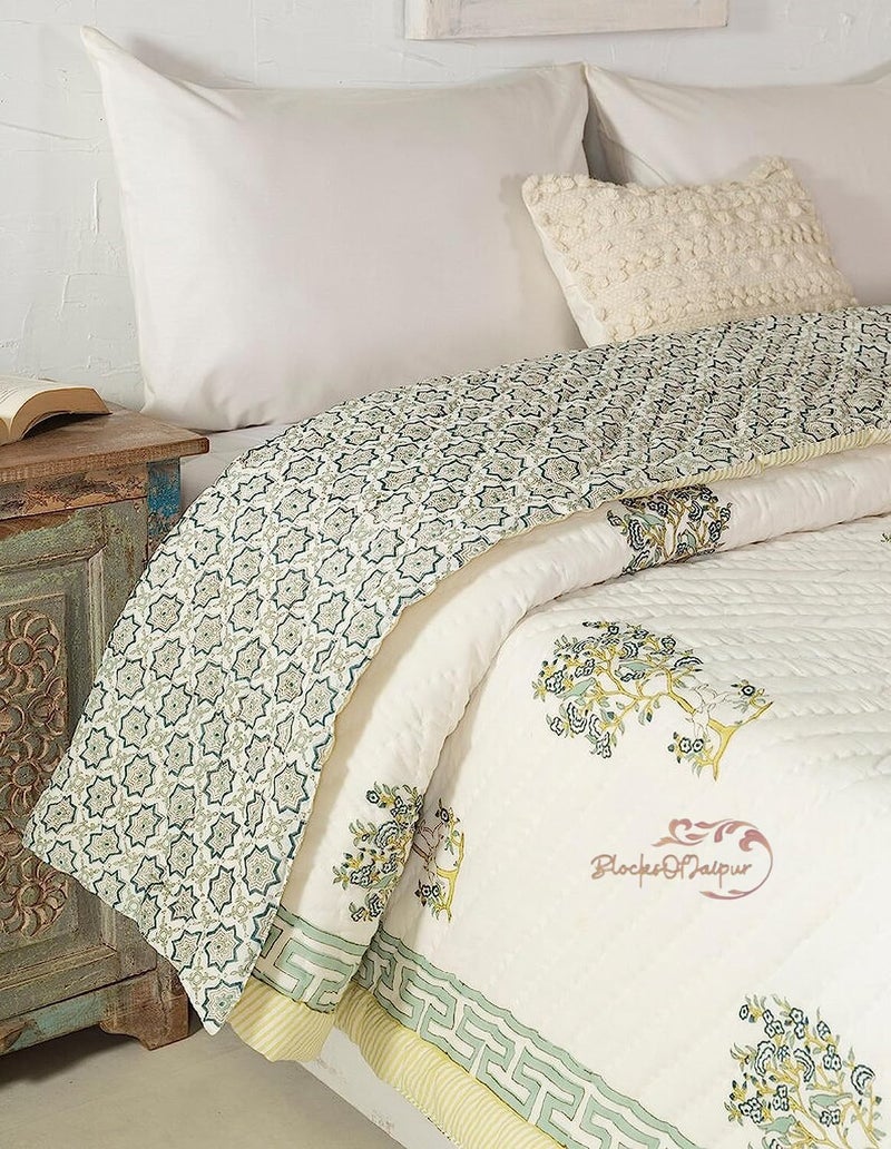 FEELRAX FEELRAX Jaipuri Razai Traditional Hand Stitched Hand Block Print Blue Hiran Print Queen Size Blanket Reversible Quilt Bedding Quilt Breathable Summer and Winter Home Decor Double Bed 90X108 INCH  - Image 3