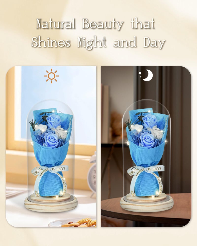 HVY Flowers Gifts for Her Mom Women Preserved Forever Fresh Flowers Bouquet with Blue and White Roses in Glass Dome Suitable for All Occasions Valentines Mothers Day Anniversary Thanksgiving Birthday - Image 5