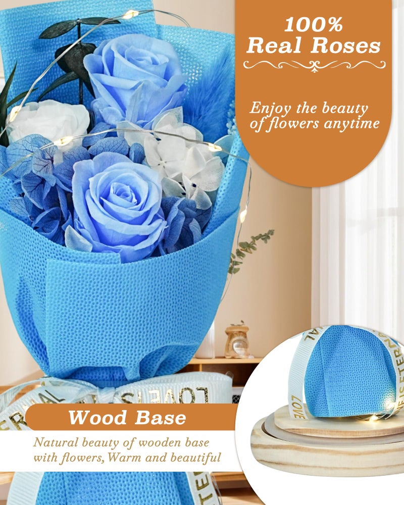 HVY Flowers Gifts for Her Mom Women Preserved Forever Fresh Flowers Bouquet with Blue and White Roses in Glass Dome Suitable for All Occasions Valentines Mothers Day Anniversary Thanksgiving Birthday - Image 2