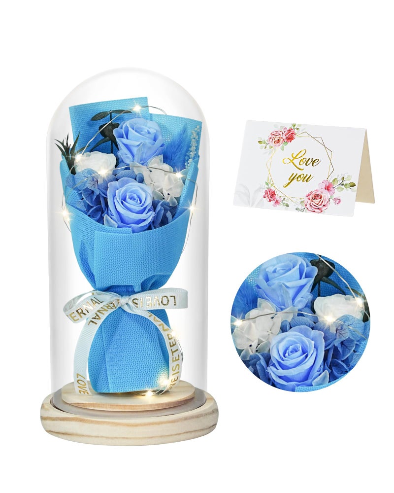 HVY Flowers Gifts for Her Mom Women Preserved Forever Fresh Flowers Bouquet with Blue and White Roses in Glass Dome Suitable for All Occasions Valentines Mothers Day Anniversary Thanksgiving Birthday - Image 1