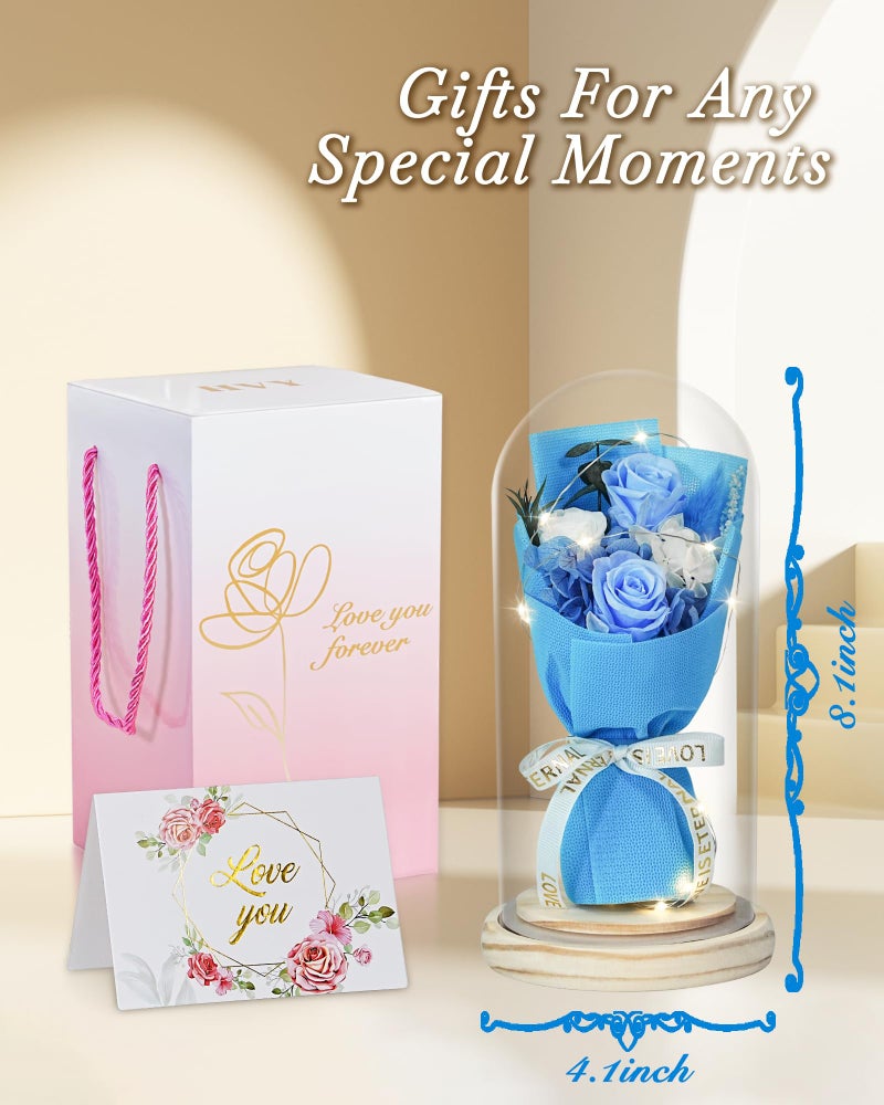 HVY Flowers Gifts for Her Mom Women Preserved Forever Fresh Flowers Bouquet with Blue and White Roses in Glass Dome Suitable for All Occasions Valentines Mothers Day Anniversary Thanksgiving Birthday - Image 4