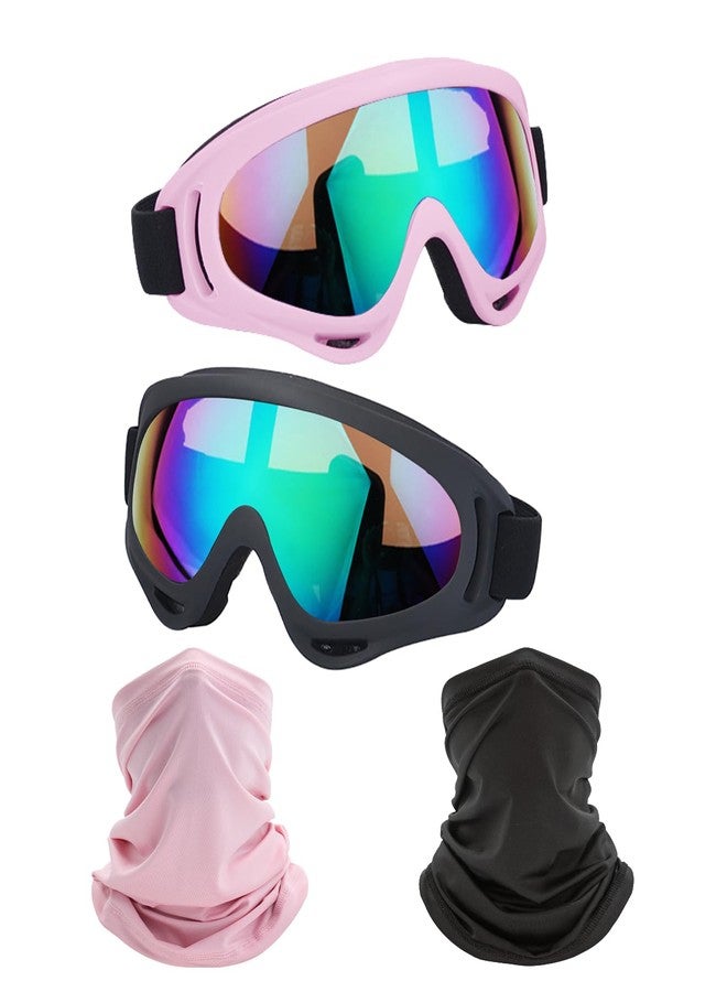 LJDJ Motorcycle Goggles,2 Pack Dirt Bike ATV Motocross Riding Hiking Protective with 2 Pack Neck Breathable Bandana Mask (Light Pink + Black/Colorful) - Image 1