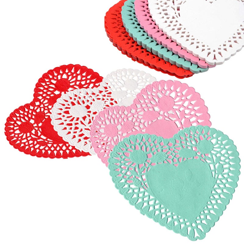 RIVCOIM 8 Inch Heart Shaped Paper Doilies - Pack of 100, 25 Each in Red, Pink, White and Blue - 8 Heart Doilies Perfect for Valentine's Day Decorations. - Image 1