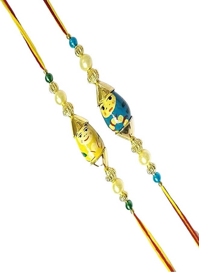 KRISHNA Rakhi set for brother Blue and Yellow color Wooden toy with desgner Beads pendal for Rakshabandhan for Men and Boys in pair - Image 3