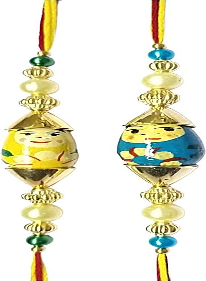 KRISHNA Rakhi set for brother Blue and Yellow color Wooden toy with desgner Beads pendal for Rakshabandhan for Men and Boys in pair - Image 2