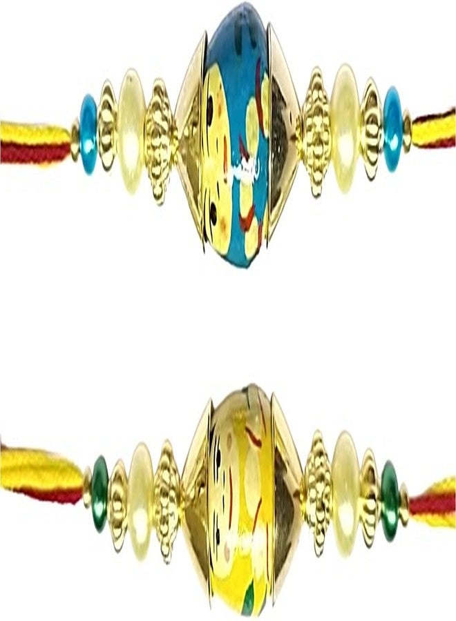KRISHNA Rakhi set for brother Blue and Yellow color Wooden toy with desgner Beads pendal for Rakshabandhan for Men and Boys in pair - Image 1