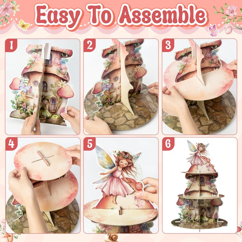 ANGOLIO 3 Tiers Fairy Cupcake Stand Pink Cute Fairy Birthday Party Cardboard Cupcake Holder Decorations Cartoon Girl Mushroom House Party Dessert Tower Pink Party Supplies for Kids - Image 4