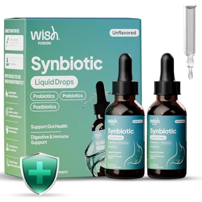Wish Fusion Synbiotic Liquid Probiotic for Women & Men, Probiotics Prebiotics Postbiotics for Gut Health Digestive & Immune Support, Organic Pre and Probiotic Drops 2 Billion CFU, 30mL 2-Pack - Image 1