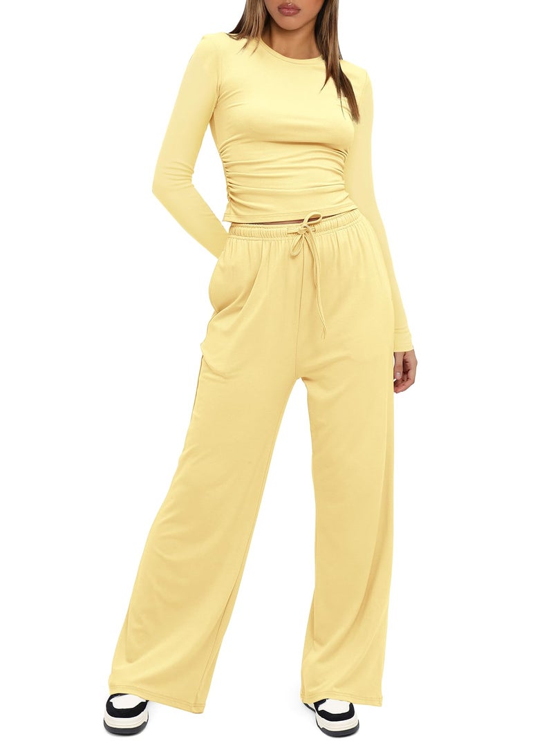 Darong 2 Piece Lounge Sets for Women Fall Outfits Long Sleeve Wide Leg Tracksuits Womens Two Pcs Casual Matching Loungewear Set 9065A Light Yellow L - Image 3