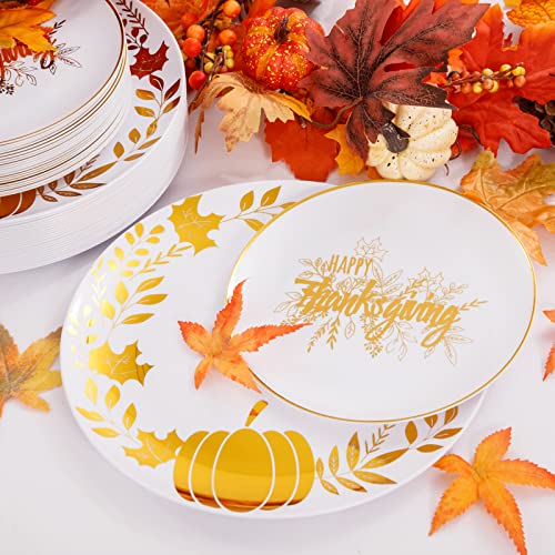 Ciaell 125PCS Thanksgiving Plastic Plates Fall Pumpkin Disposable Plates White and Gold Heavy Duty Dinnerware Set include 25Dinner Plate 25Desset Plate 25Knives 25Forks 25Spoons for Thanksgiving - Image 5