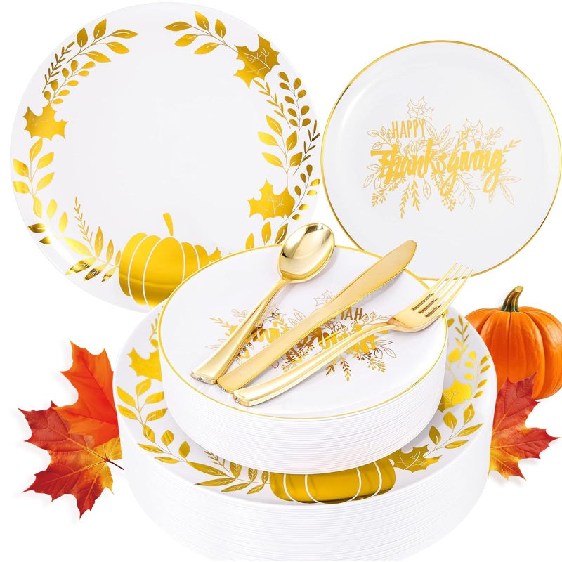 Ciaell 125PCS Thanksgiving Plastic Plates Fall Pumpkin Disposable Plates White and Gold Heavy Duty Dinnerware Set include 25Dinner Plate 25Desset Plate 25Knives 25Forks 25Spoons for Thanksgiving - Image 1