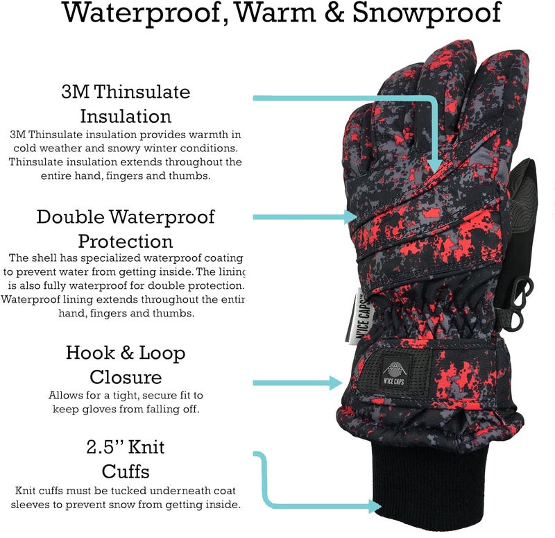 N'Ice Caps Kids Waterproof Winter Thinsulate Warm Gloves (Red Camo, 5-6 Years) - Image 3
