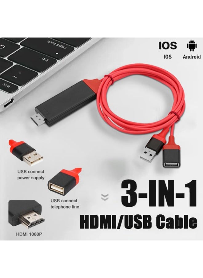 Generic - 3 in 1 USB to HDTV Cable Upgraded Lightning to HDMI Adapter for iPhone/Android to TV - 1080P HDTV Cable Adapter with Powerful Chipset, Plug & Play HDMI Converter for Phone/TV/Projector/Monitor - Supports Audio/Video Sync & Fast Charging (Red) - Image 1