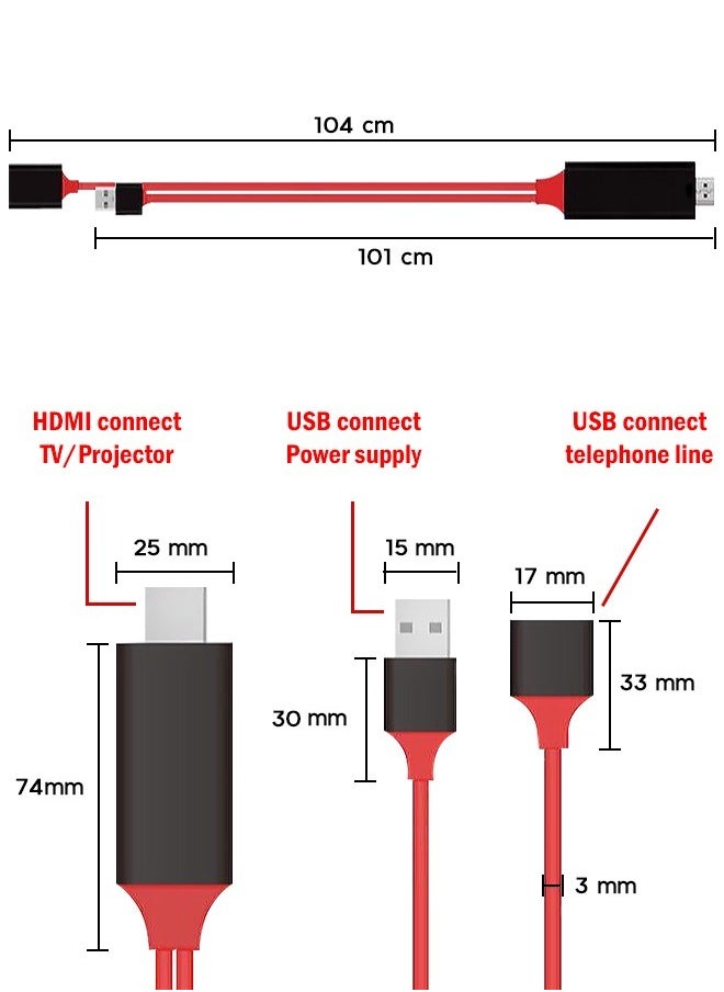 Generic - 3 in 1 USB to HDTV Cable Upgraded Lightning to HDMI Adapter for iPhone/Android to TV - 1080P HDTV Cable Adapter with Powerful Chipset, Plug & Play HDMI Converter for Phone/TV/Projector/Monitor - Supports Audio/Video Sync & Fast Charging (Red) - Image 1