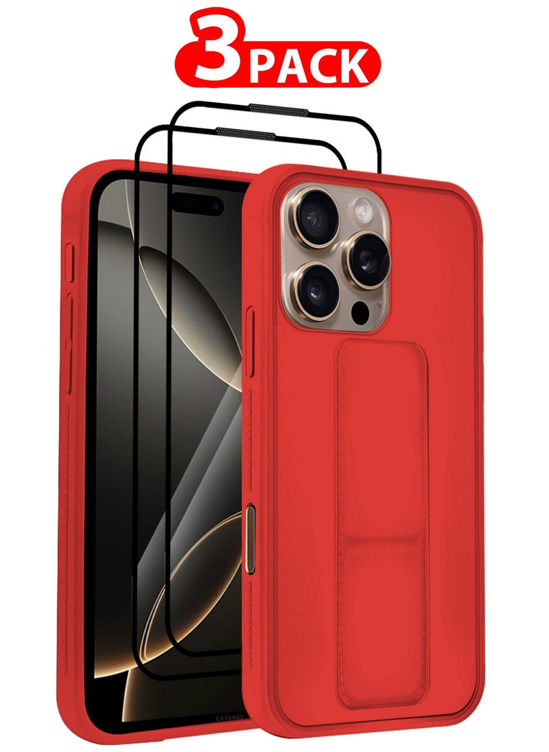 CATANES - ( for iPhone 16 Pro Max ) 3 Pack, 1 Case and 2 Screen Protectors Premium PU Leather Case with Stand Function Shockproof and Anti Scratch Finger Grip Case Cover / Red - Image 1