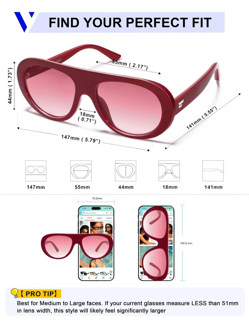 VANLINKER Retro Aviator Sunglasses for Women Chic Classic 70s Vintage Trendy 2025 Chunky Sun Glasses VL9865 Red - Image 5